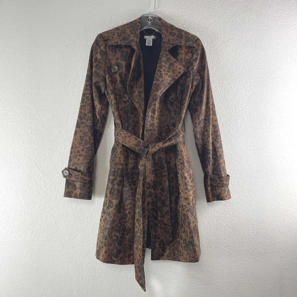 Cache Leopard Print Trench Coat XS Brown Mob Wife Glam Indie Sleaze Y2K